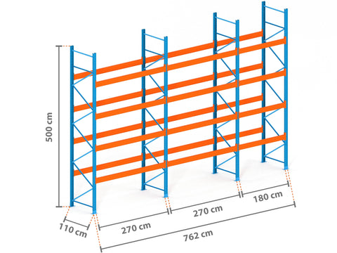 7.6m Palettenregal mit 15.000kg Feldlast | 110cm tief | 5.0m hoch | 4 Ebenen für 40 Europaletten
