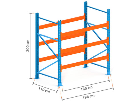 2m Palettenregal mit 4.500kg Feldlast | 110cm tief | 2.0m hoch | 3 Ebenen für 8 Europaletten