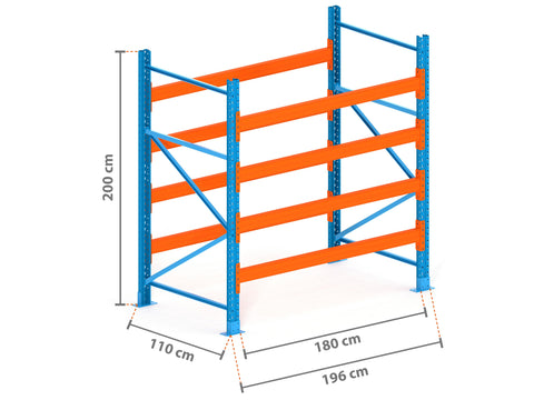2m Palettenregal mit 4.500kg Feldlast | 110cm tief | 2.0m hoch | 4 Ebenen für 10 Europaletten