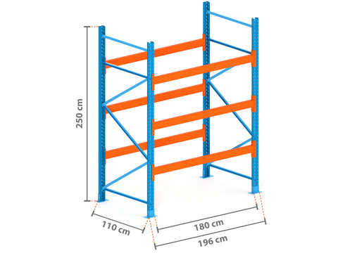 2m Palettenregal mit 4.500kg Feldlast | 110cm tief | 2.5m hoch | 3 Ebenen für 8 Europaletten