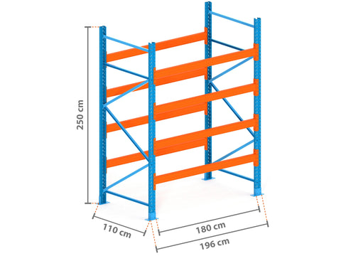 2m Palettenregal mit 4.500kg Feldlast | 110cm tief | 2.5m hoch | 4 Ebenen für 10 Europaletten