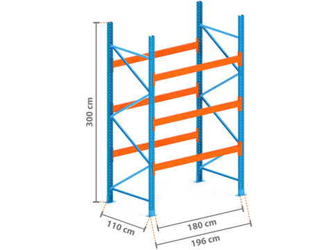 2m Palettenregal mit 4.500kg Feldlast | 110cm tief | 3.0m hoch | 3 Ebenen für 8 Europaletten