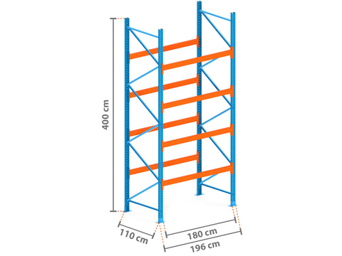2m Palettenregal mit 4.500kg Feldlast | 110cm tief | 4.0m hoch | 4 Ebenen für 10 Europaletten