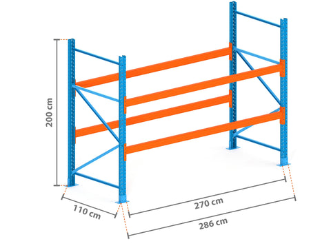 2.9m Palettenregal mit 4.500kg Feldlast | 110cm tief | 2.0m hoch | 2 Ebenen für 9 Europaletten
