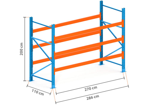 2.9m Palettenregal mit 4.500kg Feldlast | 110cm tief | 2.0m hoch | 3 Ebenen für 12 Europaletten