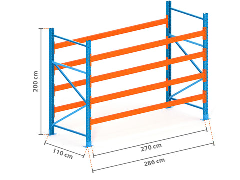 2.9m Palettenregal mit 4.500kg Feldlast | 110cm tief | 2.0m hoch | 4 Ebenen für 15 Europaletten
