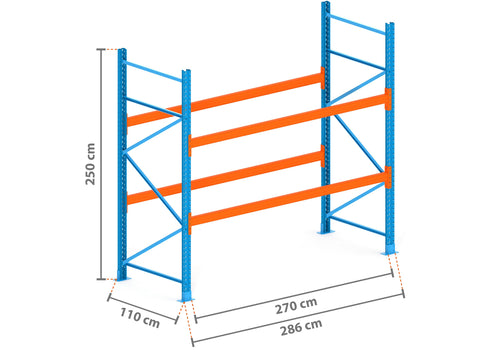 2.9m Palettenregal mit 4.500kg Feldlast | 110cm tief | 2.5m hoch | 2 Ebenen für 9 Europaletten