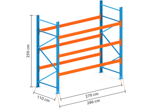 2.9m Palettenregal mit 4.500kg Feldlast | 110cm tief | 2.5m hoch | 3 Ebenen für 12 Europaletten
