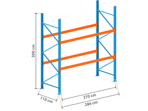 2.9m Palettenregal mit 4.500kg Feldlast | 110cm tief | 3.0m hoch | 2 Ebenen für 9 Europaletten