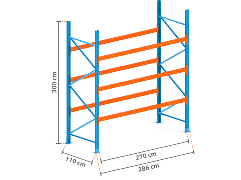 2.9m Palettenregal mit 4.500kg Feldlast | 110cm tief | 3.0m hoch | 3 Ebenen für 12 Europaletten