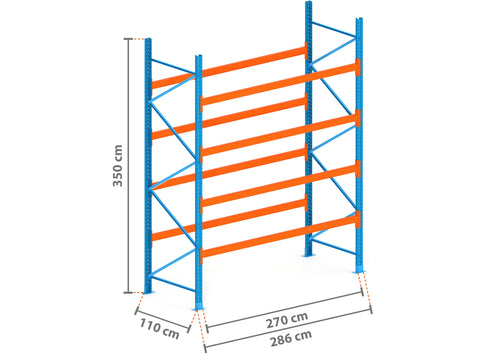 2.9m Palettenregal mit 4.500kg Feldlast | 110cm tief | 3.5m hoch | 4 Ebenen für 15 Europaletten