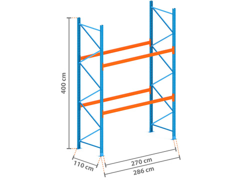 2.9m Palettenregal mit 4.500kg Feldlast | 110cm tief | 4.0m hoch | 2 Ebenen für 9 Europaletten