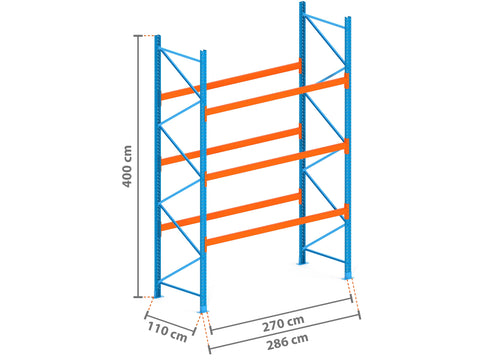 2.9m Palettenregal mit 4.500kg Feldlast | 110cm tief | 4.0m hoch | 3 Ebenen für 12 Europaletten
