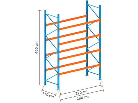 2.9m Palettenregal mit 4.500kg Feldlast | 110cm tief | 4.0m hoch | 4 Ebenen für 15 Europaletten