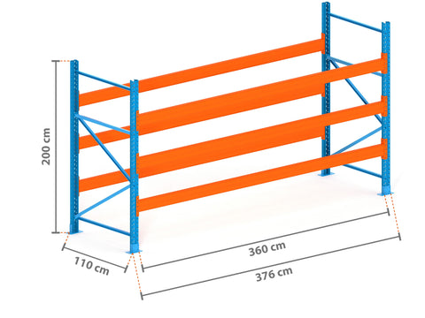 3.8m Palettenregal mit 4.500kg Feldlast | 110cm tief | 2.0m hoch | 3 Ebenen für 16 Europaletten
