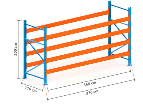 3.8m Palettenregal mit 4.500kg Feldlast | 110cm tief | 2.0m hoch | 4 Ebenen für 20 Europaletten
