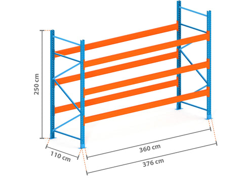 3.8m Palettenregal mit 4.500kg Feldlast | 110cm tief | 2.5m hoch | 3 Ebenen für 16 Europaletten