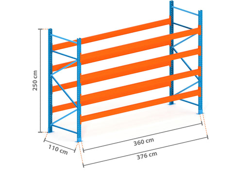 3.8m Palettenregal mit 4.500kg Feldlast | 110cm tief | 2.5m hoch | 4 Ebenen für 20 Europaletten