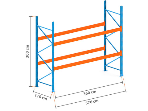 3.8m Palettenregal mit 4.500kg Feldlast | 110cm tief | 3.0m hoch | 2 Ebenen für 12 Europaletten