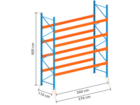 3.8m Palettenregal mit 4.500kg Feldlast | 110cm tief | 4.0m hoch | 4 Ebenen für 20 Europaletten
