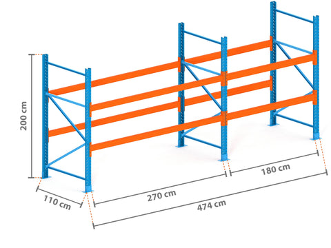 4.7m Palettenregal mit 4.500kg Feldlast | 110cm tief | 2.0m hoch | 2 Ebenen für 15 Europaletten