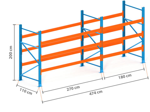 4.7m Palettenregal mit 4.500kg Feldlast | 110cm tief | 2.0m hoch | 3 Ebenen für 20 Europaletten