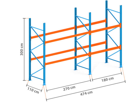 4.7m Palettenregal mit 4.500kg Feldlast | 110cm tief | 3.0m hoch | 2 Ebenen für 15 Europaletten