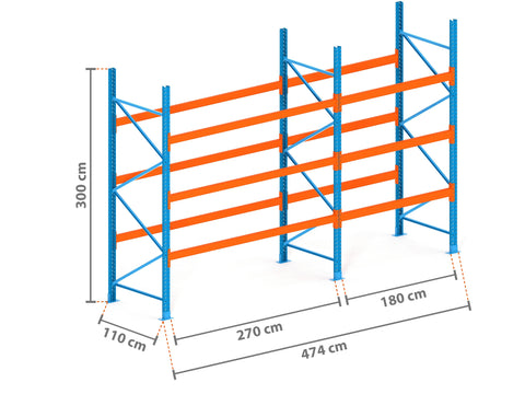 4.7m Palettenregal mit 4.500kg Feldlast | 110cm tief | 3.0m hoch | 3 Ebenen für 20 Europaletten