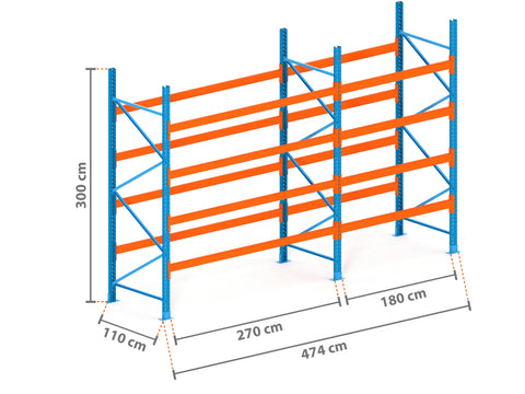4.7m Palettenregal mit 4.500kg Feldlast | 110cm tief | 3.0m hoch | 4 Ebenen für 25 Europaletten