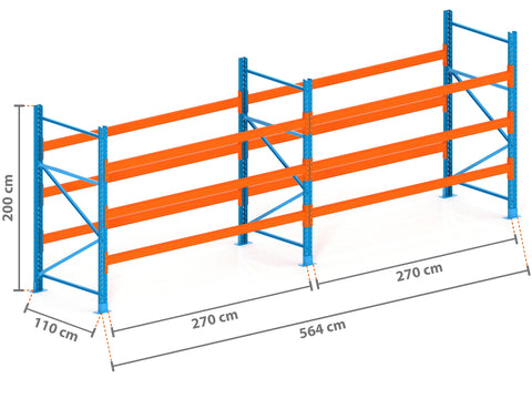 5.6m Palettenregal mit 4.500kg Feldlast | 110cm tief | 2.0m hoch | 3 Ebenen für 24 Europaletten