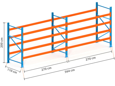 5.6m Palettenregal mit 4.500kg Feldlast | 110cm tief | 2.0m hoch | 4 Ebenen für 30 Europaletten