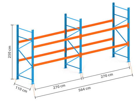 5.6m Palettenregal mit 4.500kg Feldlast | 110cm tief | 2.5m hoch | 2 Ebenen für 18 Europaletten