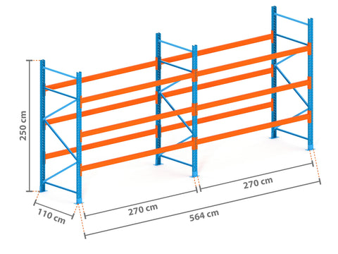 5.6m Palettenregal mit 4.500kg Feldlast | 110cm tief | 2.5m hoch | 3 Ebenen für 24 Europaletten