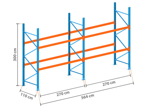 5.6m Palettenregal mit 4.500kg Feldlast | 110cm tief | 3.0m hoch | 2 Ebenen für 18 Europaletten