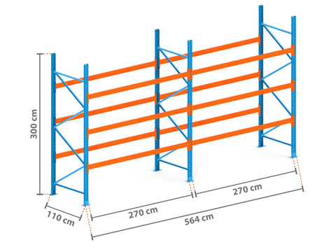 5.6m Palettenregal mit 4.500kg Feldlast | 110cm tief | 3.0m hoch | 3 Ebenen für 24 Europaletten