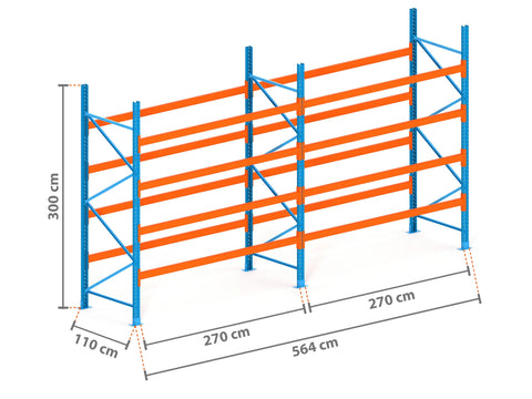 5.6m Palettenregal mit 4.500kg Feldlast | 110cm tief | 3.0m hoch | 4 Ebenen für 30 Europaletten