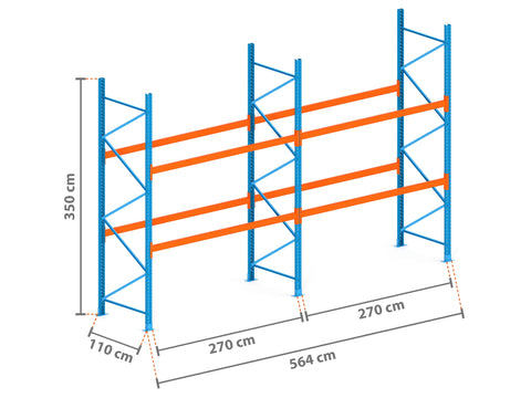 5.6m Palettenregal mit 4.500kg Feldlast | 110cm tief | 3.5m hoch | 2 Ebenen für 18 Europaletten