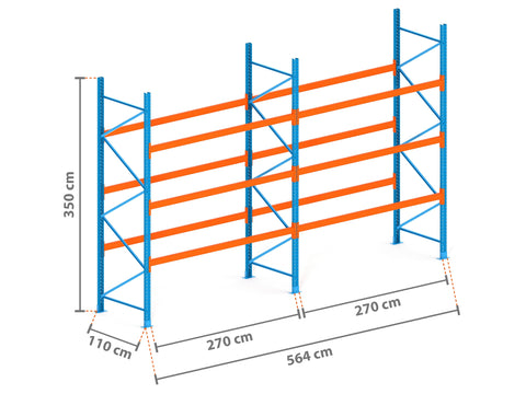 5.6m Palettenregal mit 4.500kg Feldlast | 110cm tief | 3.5m hoch | 3 Ebenen für 24 Europaletten