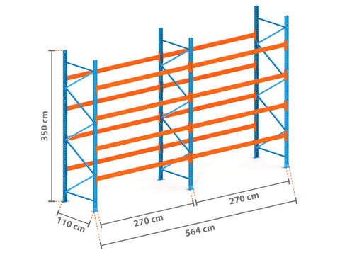 5.6m Palettenregal mit 4.500kg Feldlast | 110cm tief | 3.5m hoch | 4 Ebenen für 30 Europaletten