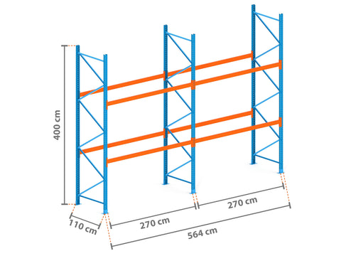 5.6m Palettenregal mit 4.500kg Feldlast | 110cm tief | 4.0m hoch | 2 Ebenen für 18 Europaletten