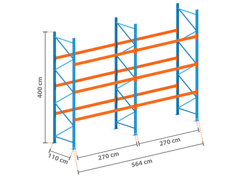 5.6m Palettenregal mit 4.500kg Feldlast | 110cm tief | 4.0m hoch | 3 Ebenen für 24 Europaletten