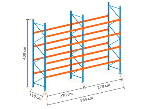 5.6m Palettenregal mit 4.500kg Feldlast | 110cm tief | 4.0m hoch | 4 Ebenen für 30 Europaletten