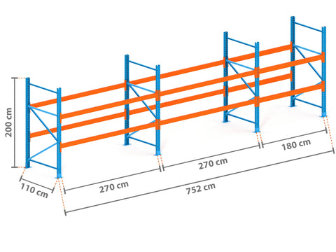 7.5m Palettenregal mit 4.500kg Feldlast | 110cm tief | 2.0m hoch | 2 Ebenen für 24 Europaletten