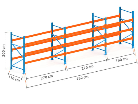 7.5m Palettenregal mit 4.500kg Feldlast | 110cm tief | 2.0m hoch | 3 Ebenen für 32 Europaletten