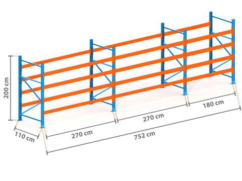 7.5m Palettenregal mit 4.500kg Feldlast | 110cm tief | 2.0m hoch | 4 Ebenen für 40 Europaletten