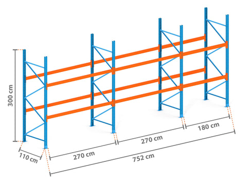 7.5m Palettenregal mit 4.500kg Feldlast | 110cm tief | 3.0m hoch | 2 Ebenen für 24 Europaletten