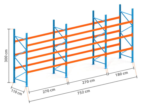 7.5m Palettenregal mit 4.500kg Feldlast | 110cm tief | 3.0m hoch | 3 Ebenen für 32 Europaletten