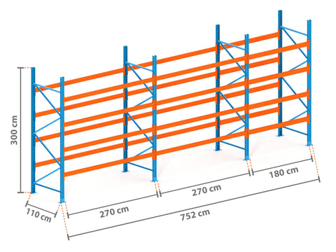 7.5m Palettenregal mit 4.500kg Feldlast | 110cm tief | 3.0m hoch | 4 Ebenen für 40 Europaletten