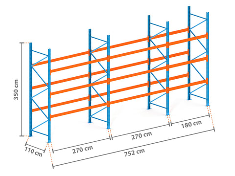 7.5m Palettenregal mit 4.500kg Feldlast | 110cm tief | 3.5m hoch | 3 Ebenen für 32 Europaletten