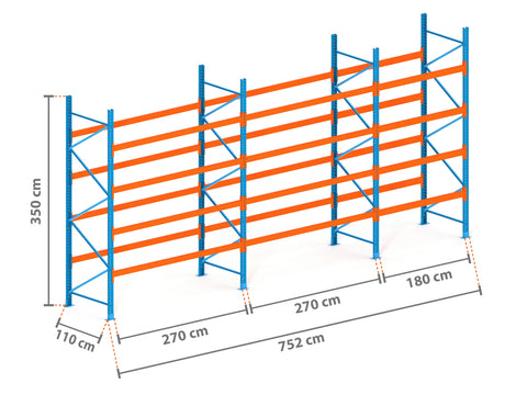 7.5m Palettenregal mit 4.500kg Feldlast | 110cm tief | 3.5m hoch | 4 Ebenen für 40 Europaletten